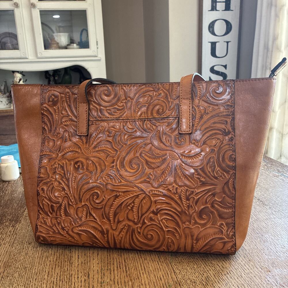 Patricia Nash Natural Tan Leather Floral Tooled Tote Shoulder Bag